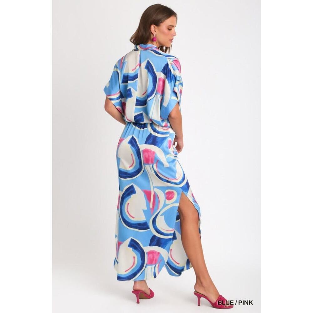 Umgee Satin Abstract Print Overlap Midi Dress with Side Slits - Picture 2 of 4